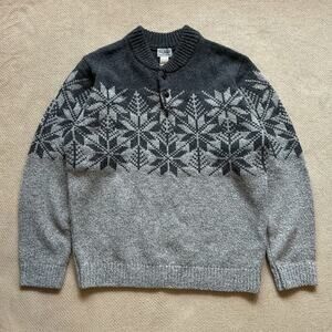Ll Bean Lambs Wool Knit Snowflake Fair Isle Button Henley Sweater Large